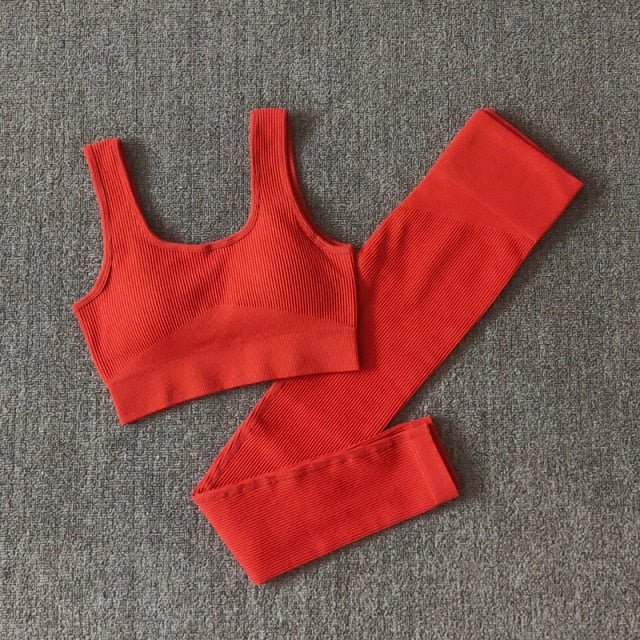 A stylish 2 pieces seamless yoga set for women, featuring high waist leggings and a matching sports bra in various colors.