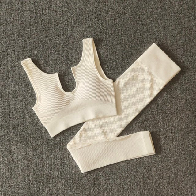 A stylish 2 pieces seamless yoga set for women, featuring high waist leggings and a matching sports bra in various colors.