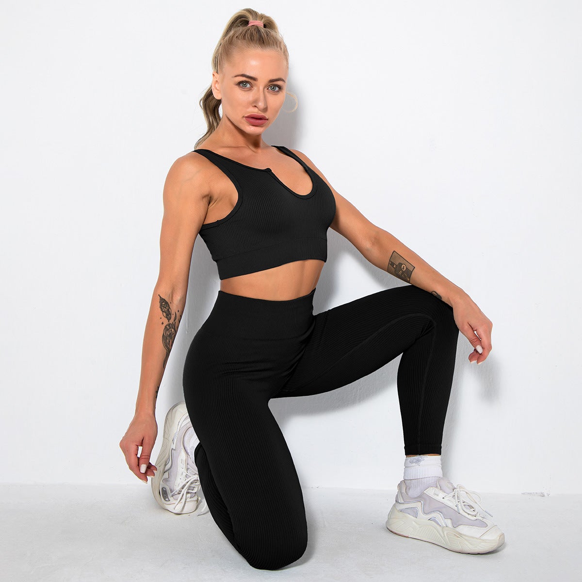 A stylish 2 pieces seamless yoga set for women, featuring high waist leggings and a matching sports bra in various colors.