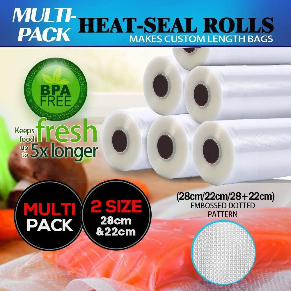 Two rolls of heavy-duty vacuum food sealer bags, designed for optimal food preservation and storage.