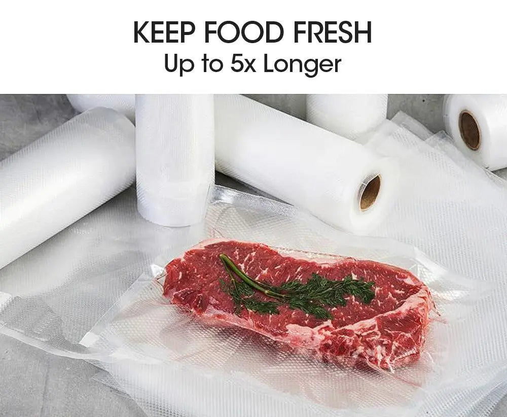 Two rolls of heavy-duty vacuum food sealer bags, designed for optimal food preservation and storage.