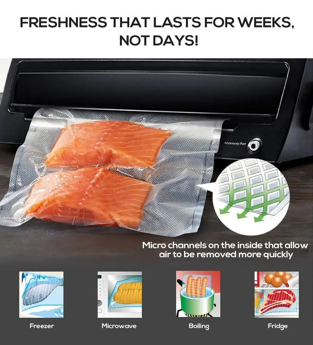 Two rolls of heavy-duty vacuum food sealer bags, designed for optimal food preservation and storage.