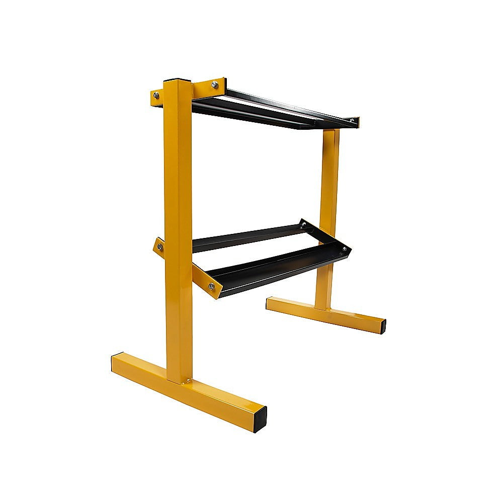 2 Tier Dumbbell Rack showcasing a sturdy steel frame with rubber feet, designed for efficient dumbbell weights storage in compact spaces.