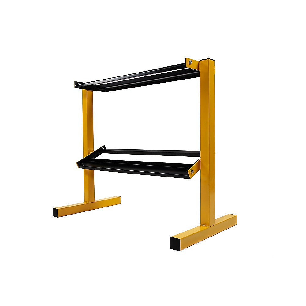 2 Tier Dumbbell Rack showcasing a sturdy steel frame with rubber feet, designed for efficient dumbbell weights storage in compact spaces.