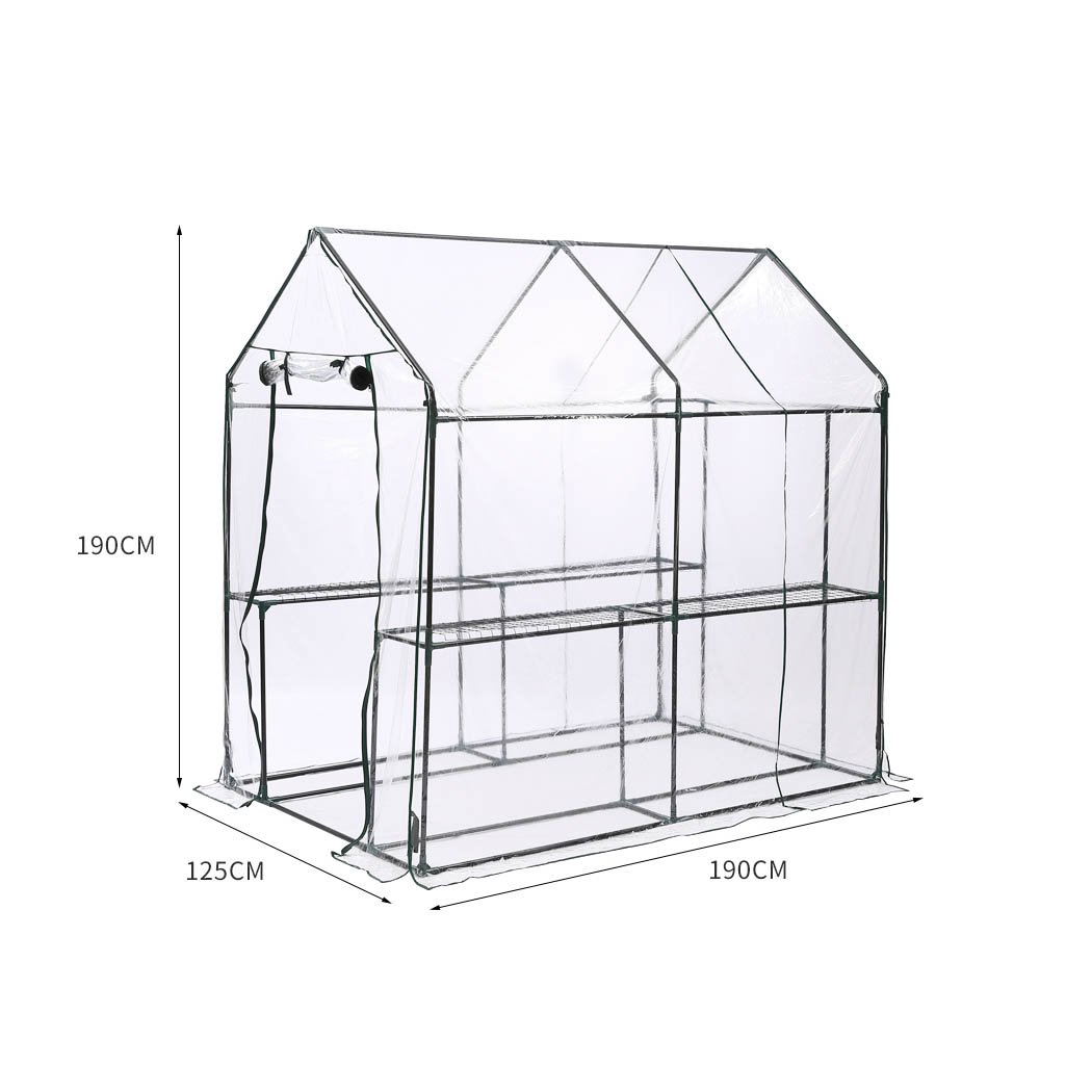 2 Tier Walk In Greenhouse with PVC cover, showcasing a sturdy steel frame and transparent design for optimal plant visibility.