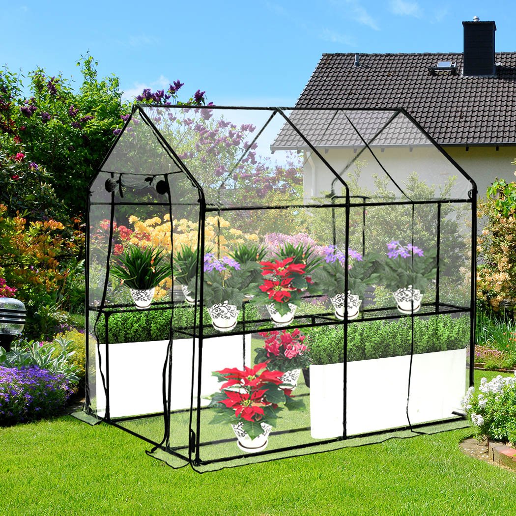 2 Tier Walk In Greenhouse with PVC cover, showcasing a sturdy steel frame and transparent design for optimal plant visibility.