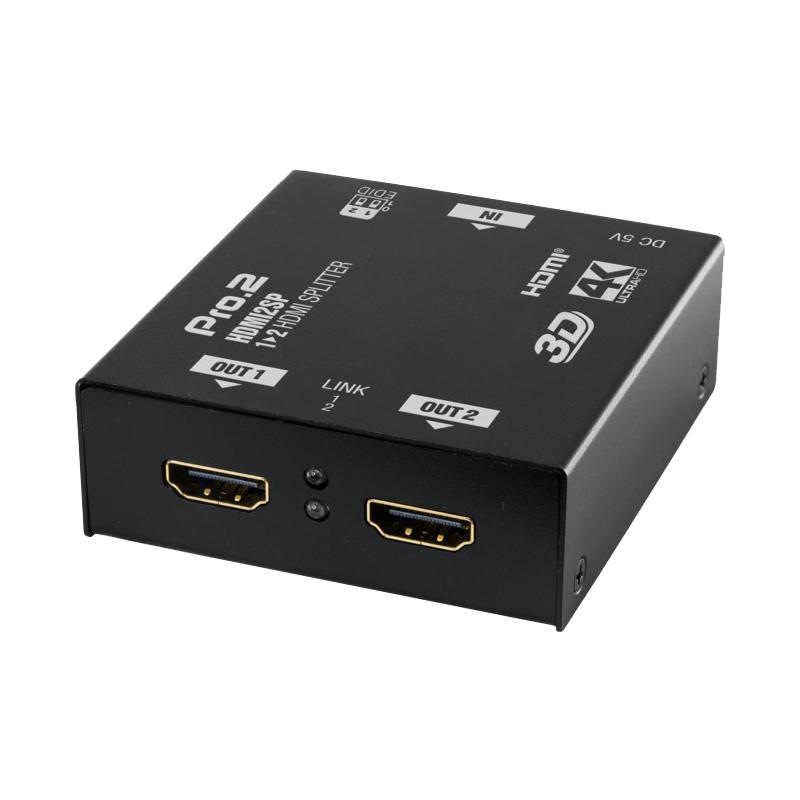 A sleek 2 way HDMI splitter with two output ports, designed for high-definition audio and video distribution to multiple displays.