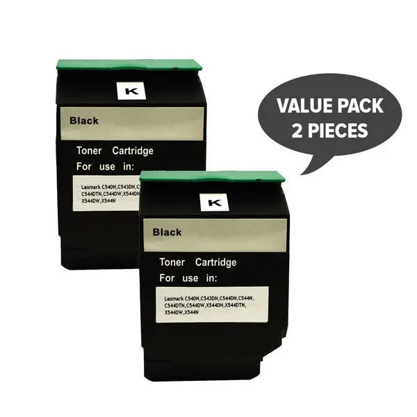 Two remanufactured C544B C544XIKG Premium Generic Black Toner cartridges, designed for high-quality printing.