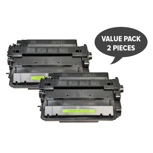 Two black compatible laser toner cartridges CE255X #55X, designed for high-quality printing.