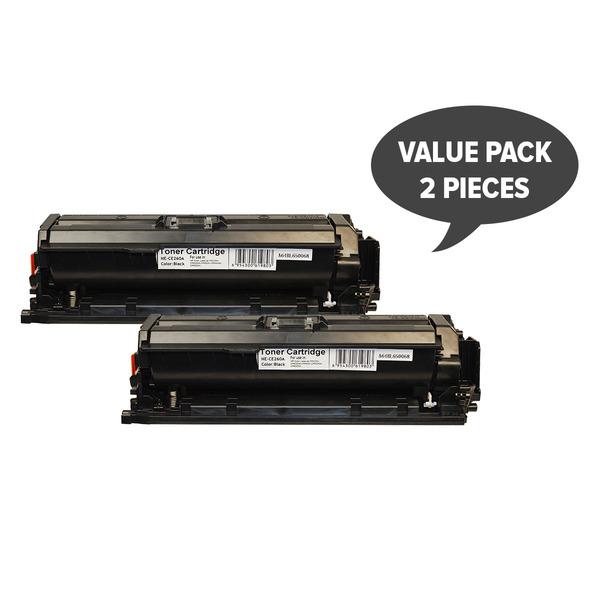 Two CE260A #647 Premium Generic Toner cartridges, designed for HP printers, showcasing their sleek design and packaging.