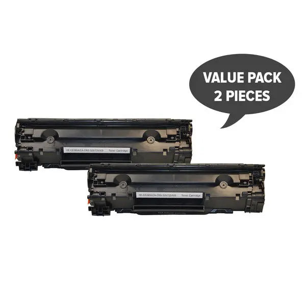 Two black generic toner cartridges CE285A #85A for laser printers, showcasing their premium quality and compatibility.