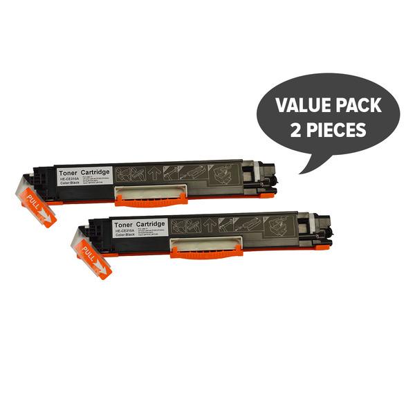 Two black toner cartridges CE310A #126A, compatible with laser printers, showcasing premium quality and design.