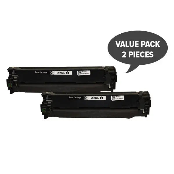 Two black toner cartridges CE320 #128A, premium quality, compatible with laser printers.