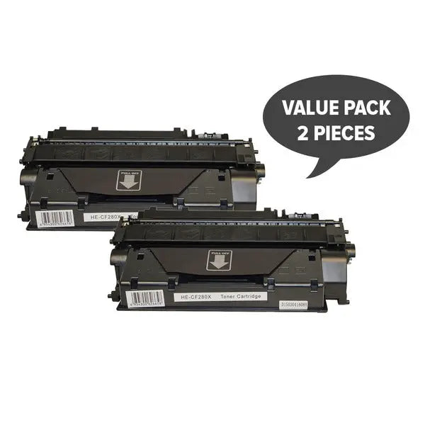 Two CF280X #80x Premium Generic Toner cartridges, designed for high yield and quality printing.