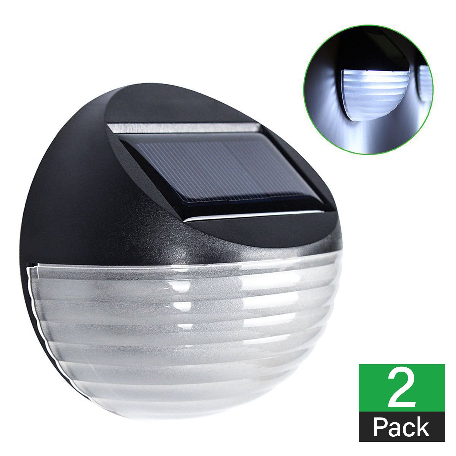 Two round solar-powered LED fence lights designed for outdoor use, showcasing a waterproof and durable construction in black color.