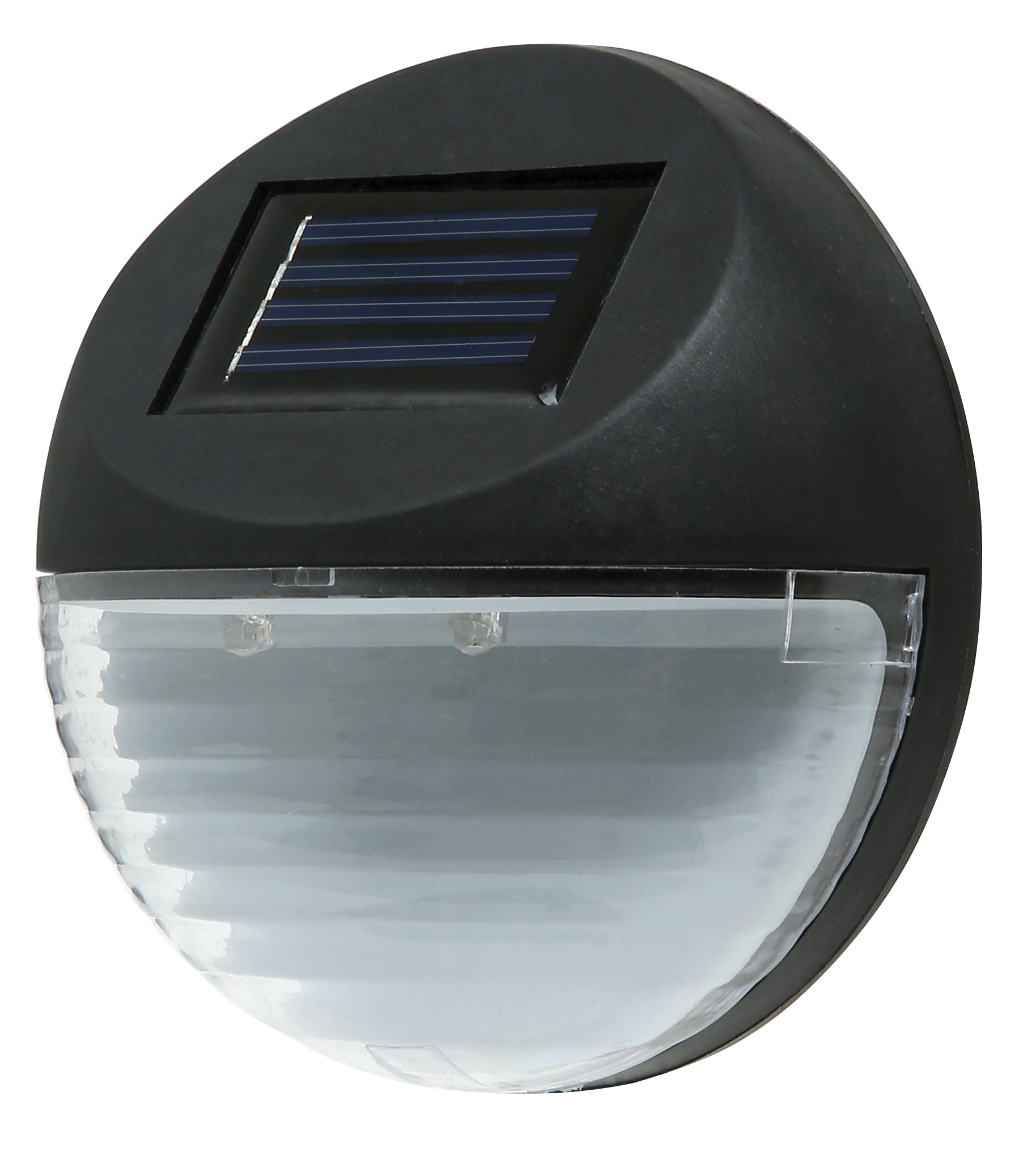 Two round solar-powered LED fence lights designed for outdoor use, showcasing a waterproof and durable construction in black color.