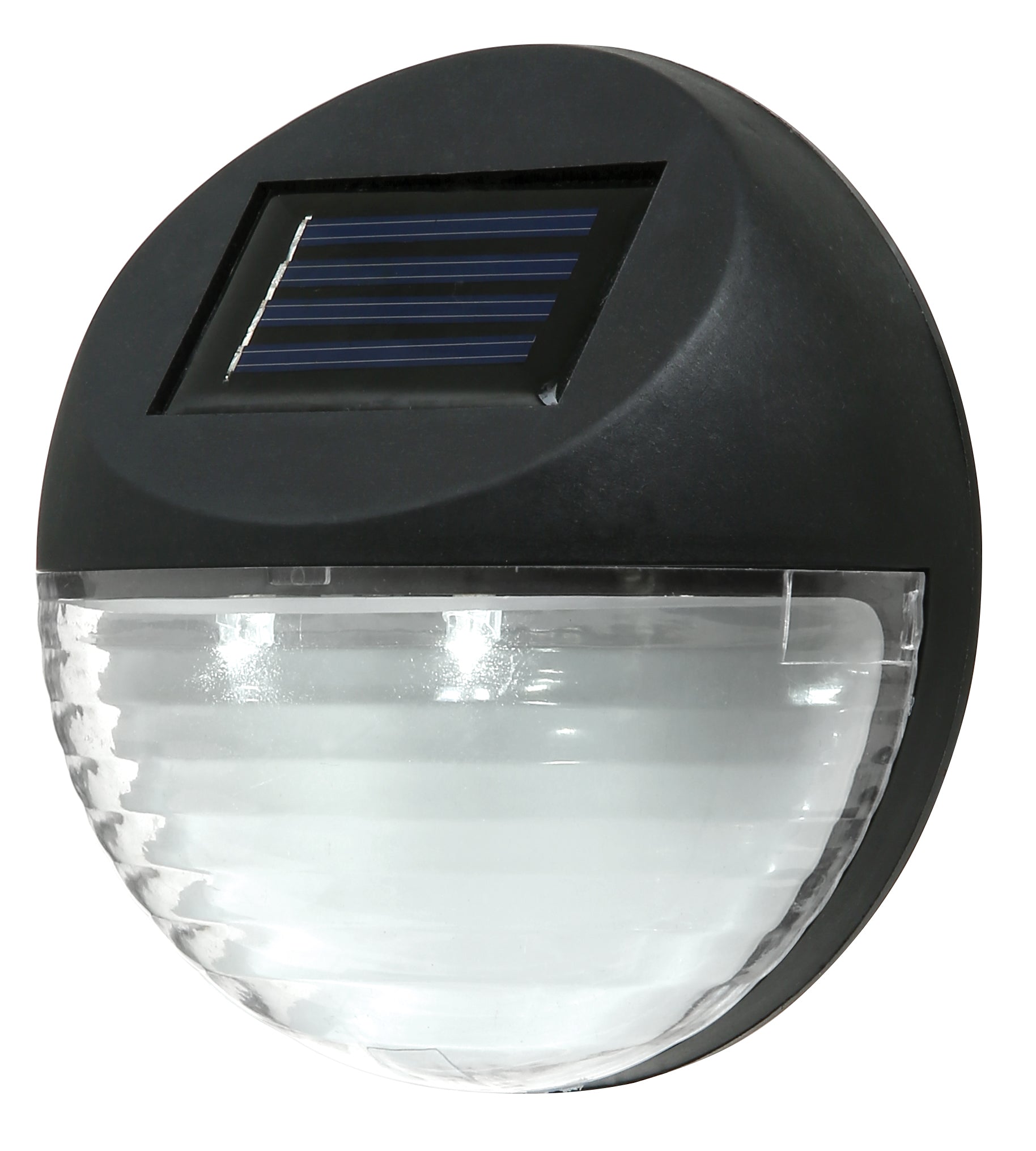 Two round solar-powered LED fence lights designed for outdoor use, showcasing a waterproof and durable construction in black color.