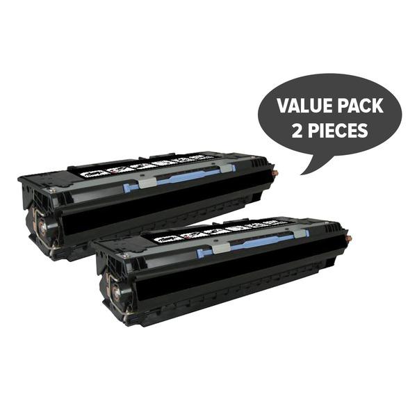 Two black remanufactured toner cartridges, Q2670A #308A, designed for laser printers, showcasing premium quality and high yield.