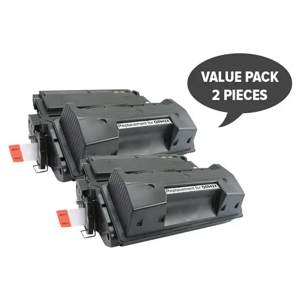 Two Q5942X HP #42X 45A Premium Generic Toner cartridges, showcasing their sleek design and quality construction.