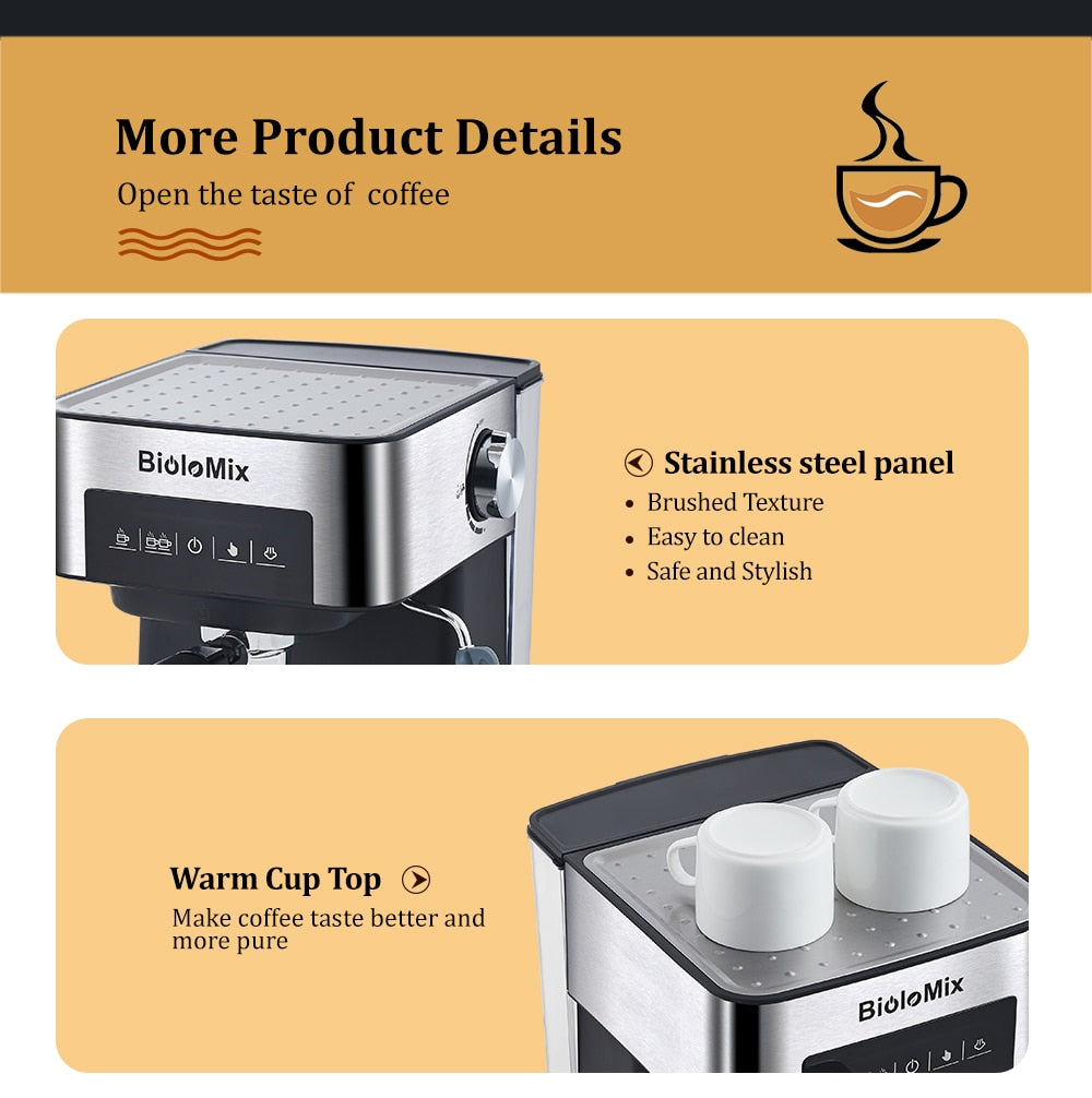 20 Bar Italian Type Espresso Coffee Maker Machine with Milk Frother, showcasing its sleek design and functional features.