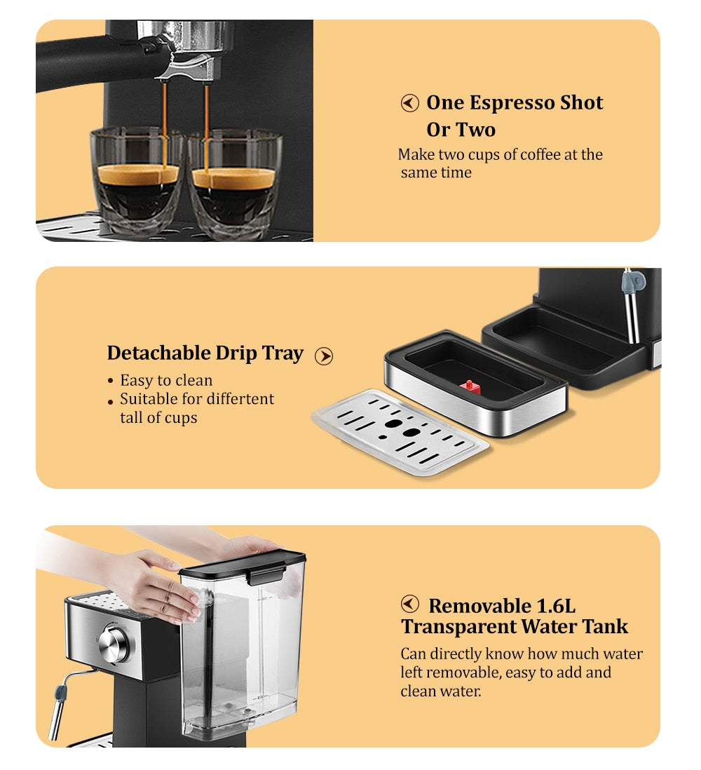 20 Bar Italian Type Espresso Coffee Maker Machine with Milk Frother, showcasing its sleek design and functional features.