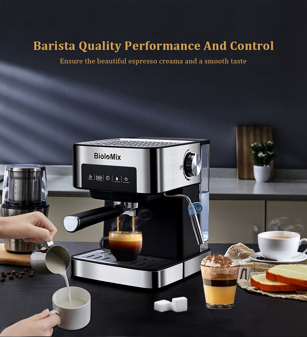 20 Bar Italian Type Espresso Coffee Maker Machine with Milk Frother, showcasing its sleek design and functional features.