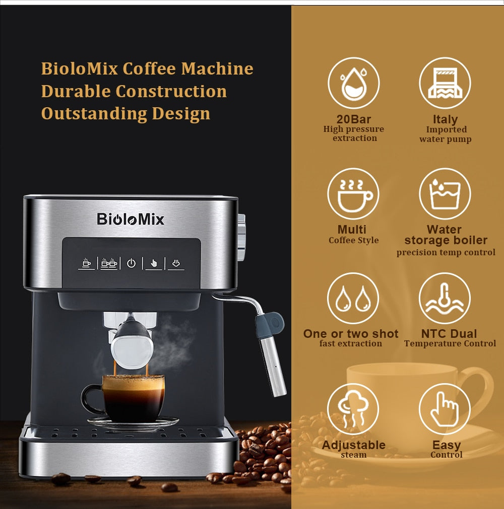 20 Bar Italian Type Espresso Coffee Maker Machine with Milk Frother, showcasing its sleek design and functional features.