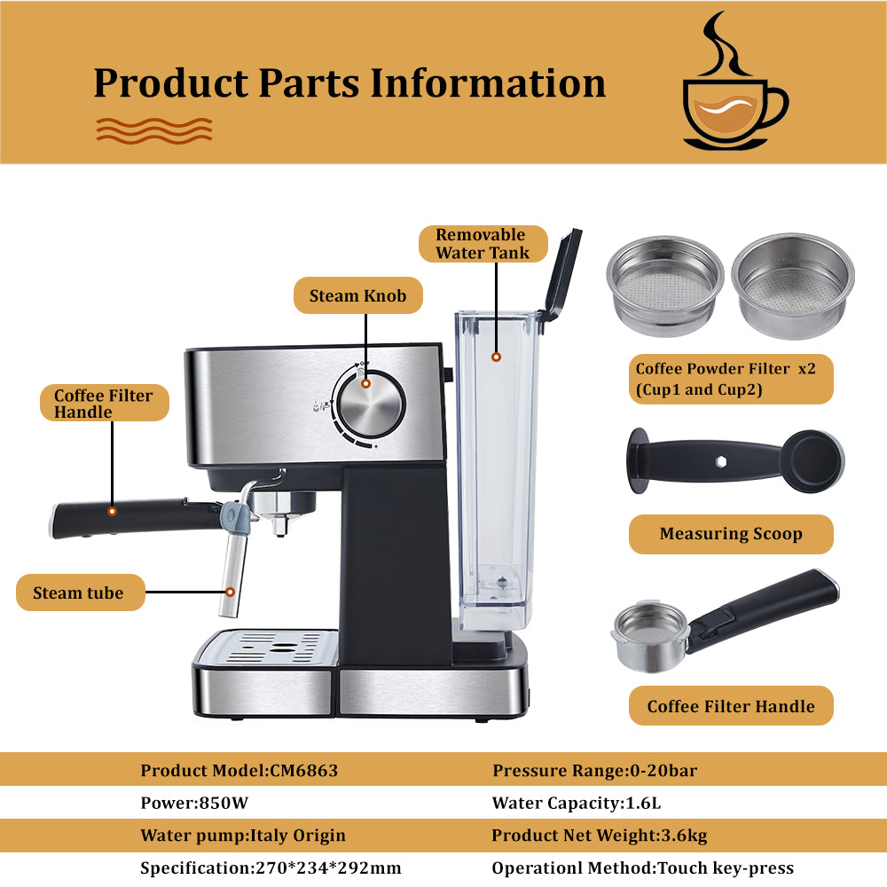 20 Bar Italian Type Espresso Coffee Maker Machine with Milk Frother, showcasing its sleek design and functional features.