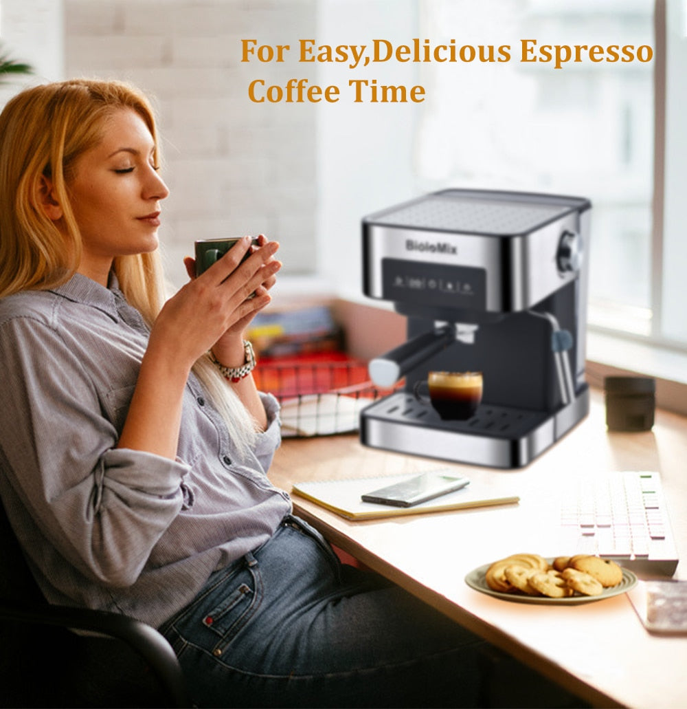 20 Bar Italian Type Espresso Coffee Maker Machine with Milk Frother, showcasing its sleek design and functional features.