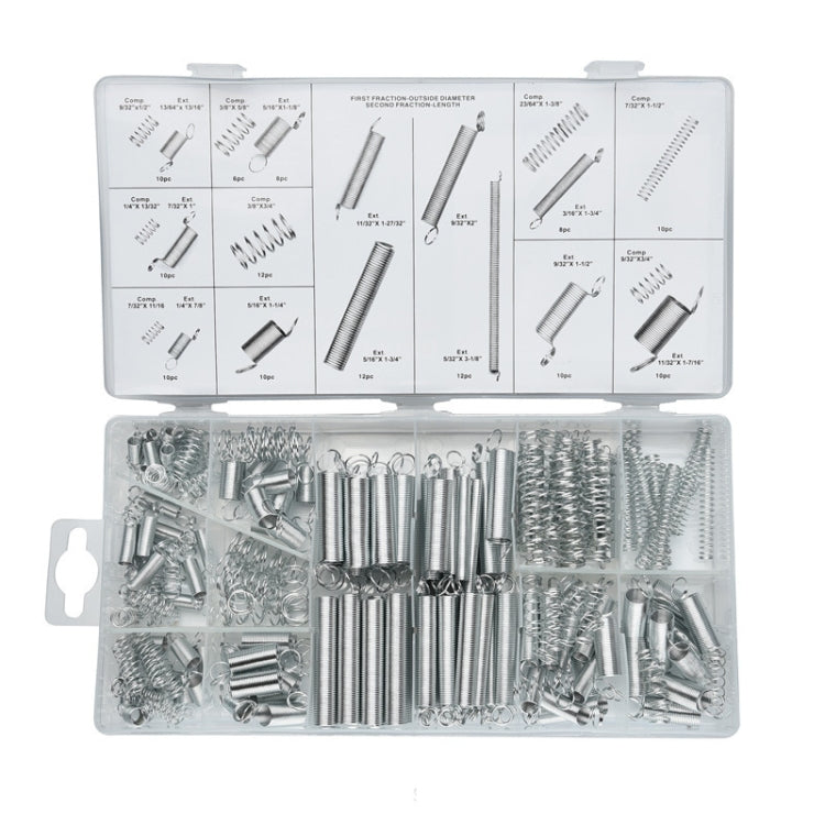 200 PCS Multi-Purpose Hardware Accessories Spring Set in a transparent storage box, showcasing various sizes of compression and tension springs.