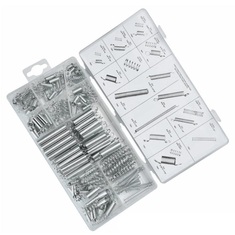 200 PCS Multi-Purpose Hardware Accessories Spring Set in a transparent storage box, showcasing various sizes of compression and tension springs.