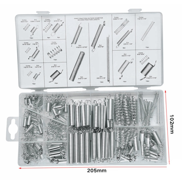 200 PCS Multi-Purpose Hardware Accessories Spring Set in a transparent storage box, showcasing various sizes of compression and tension springs.