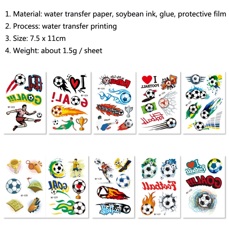 A colorful set of 20 cartoon football tattoos for children, featuring various football-themed designs suitable for kids' parties and events.