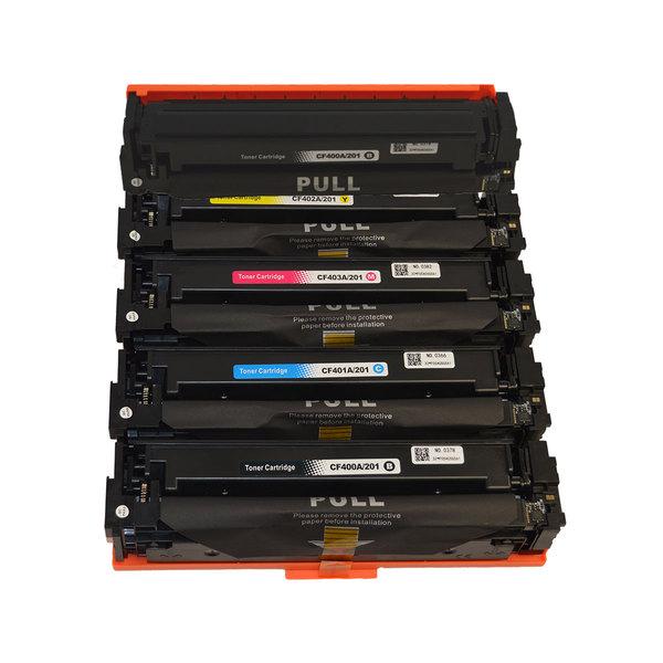 A set of five #201A Series Premium Generic Toner Cartridges, including CF400A, CF401A, CF402A, CF403A, and CF402A, designed for high-quality printing.