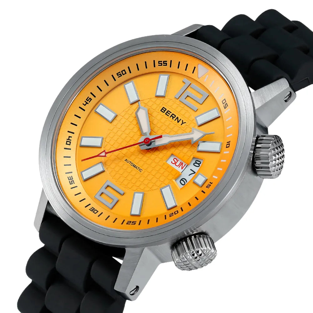 20ATM Diving Automatic Watch with luminous hands and sapphire crystal, featuring a durable silicone band and stainless steel case.