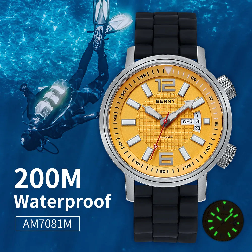 20ATM Diving Automatic Watch with luminous hands and sapphire crystal, featuring a durable silicone band and stainless steel case.