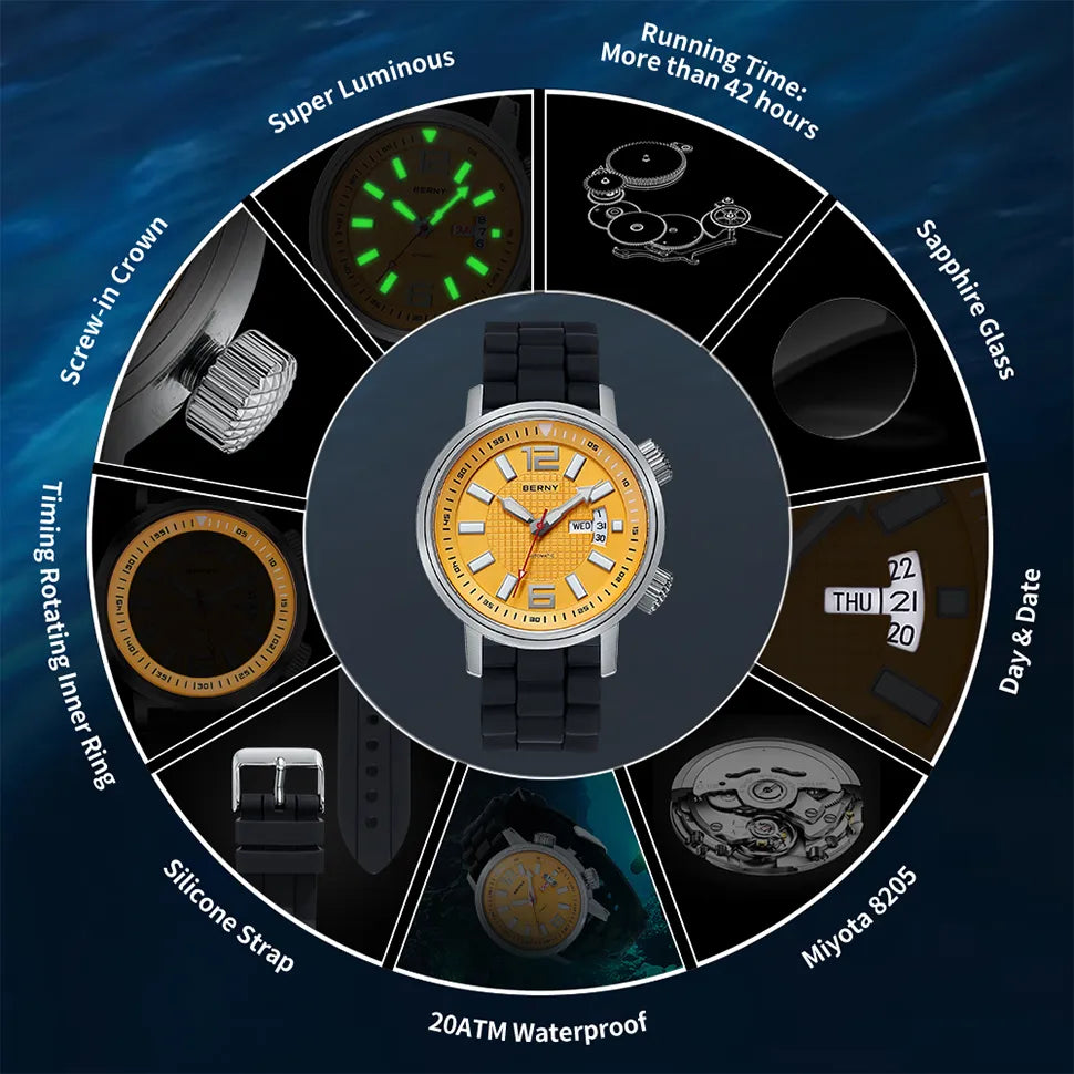 20ATM Diving Automatic Watch with luminous hands and sapphire crystal, featuring a durable silicone band and stainless steel case.