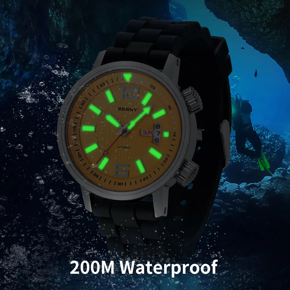 20ATM Diving Automatic Watch with luminous hands and sapphire crystal, featuring a durable silicone band and stainless steel case.