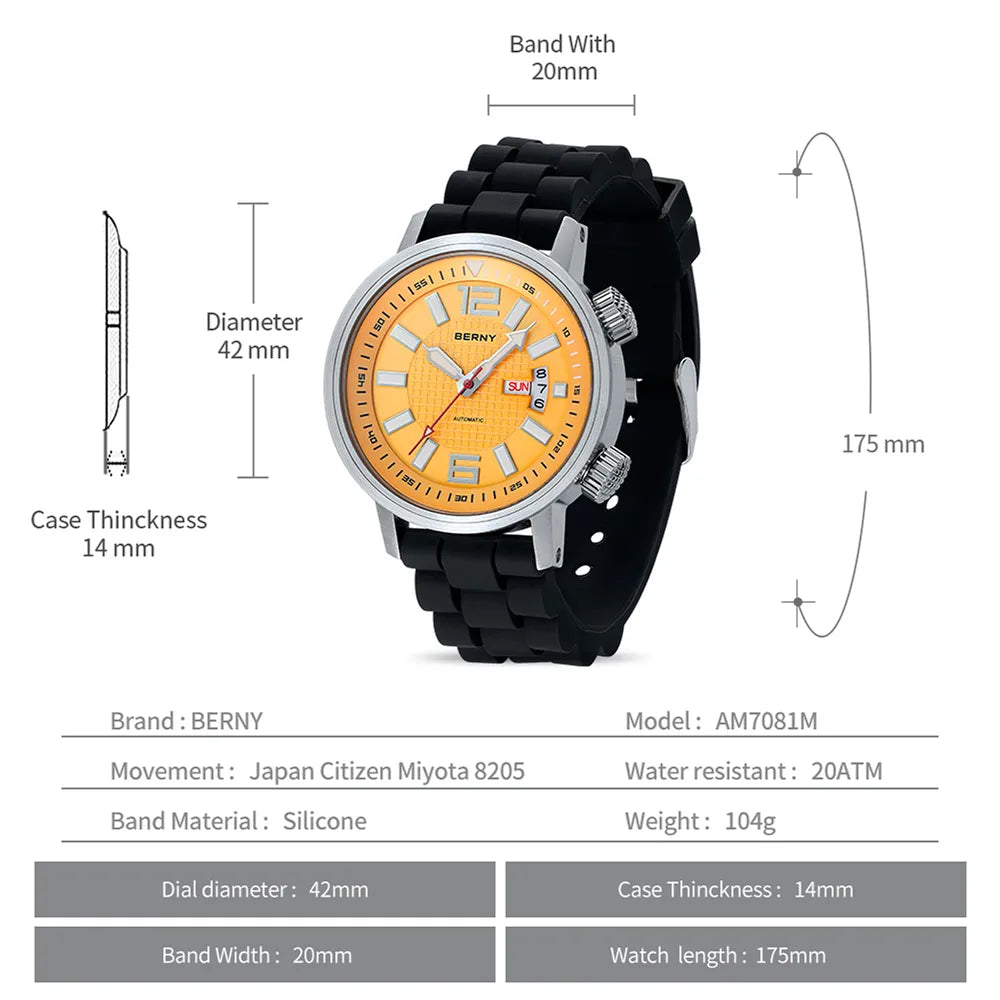 20ATM Diving Automatic Watch with luminous hands and sapphire crystal, featuring a durable silicone band and stainless steel case.