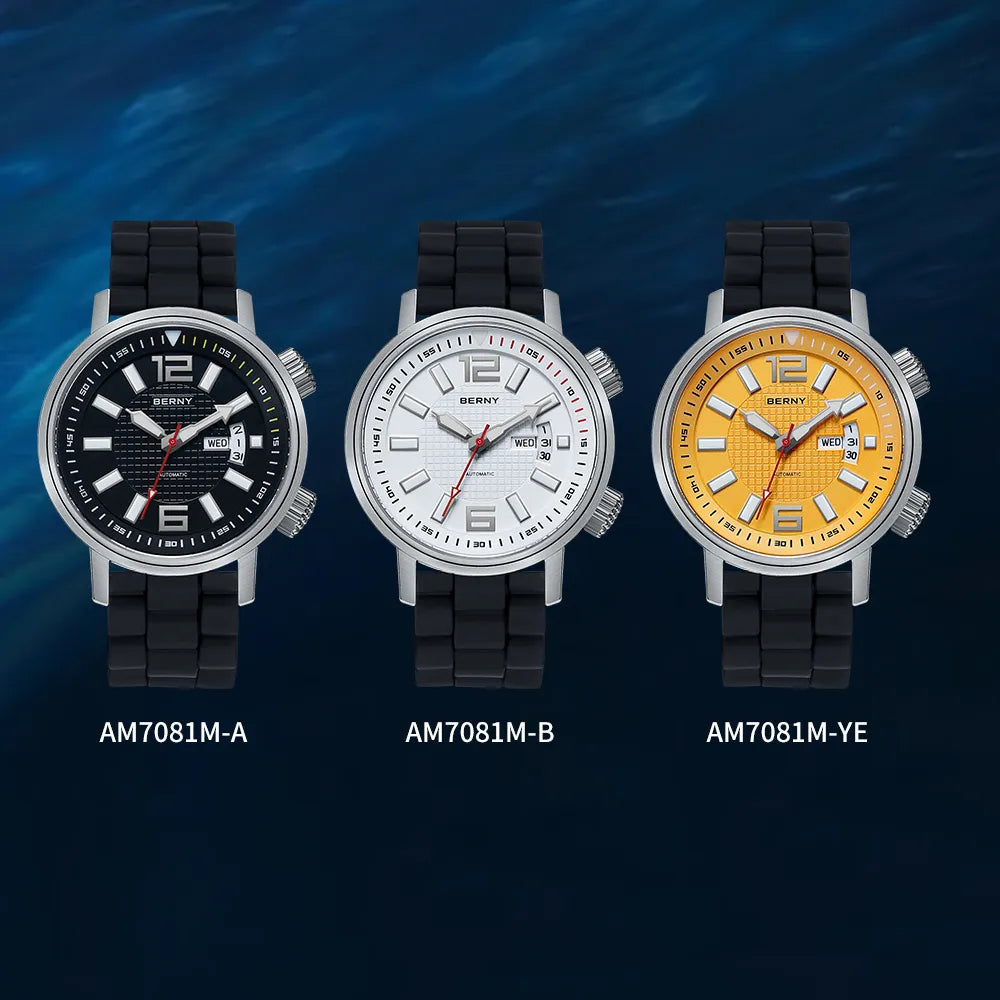 20ATM Diving Automatic Watch with luminous hands and sapphire crystal, featuring a durable silicone band and stainless steel case.