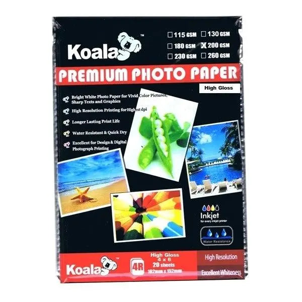 200gsm high gloss photo paper pack containing 20 sheets, ideal for vibrant photo printing.