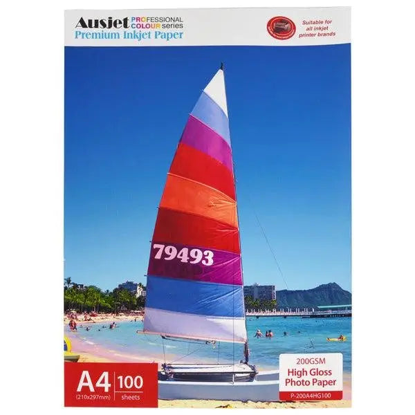 200gsm A4 High Gloss Photo Paper pack with 100 sheets, showcasing its glossy finish and thickness.