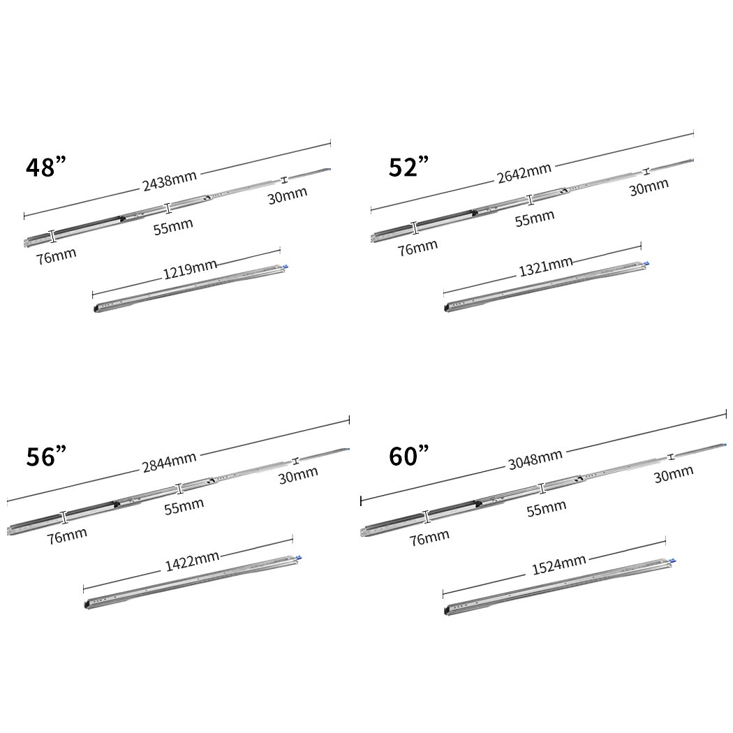 Heavy-duty 220kg drawer slides with locking mechanism, featuring a sleek silver finish and smooth ball bearing operation.