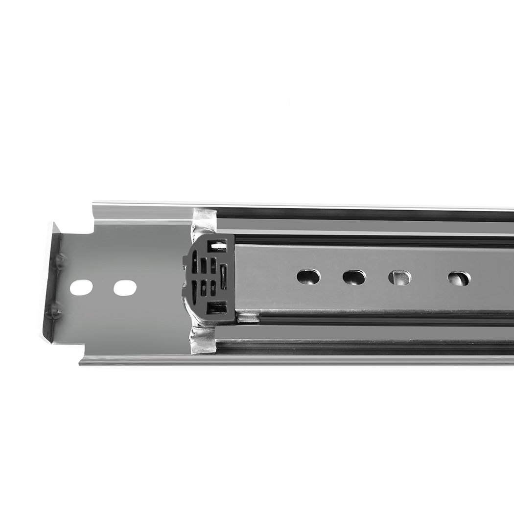 Heavy-duty 220kg drawer slides with locking mechanism, showcasing full extension and smooth ball bearing design.