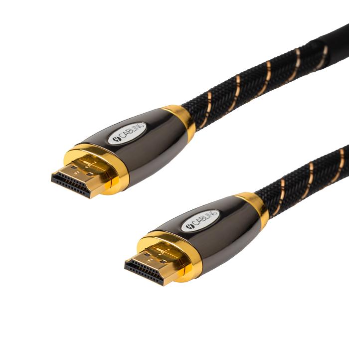 20m DELUXE Premium High Speed HDMI® cable with Ethernet and repeater, featuring a black mesh design and 24K gold-plated connectors.