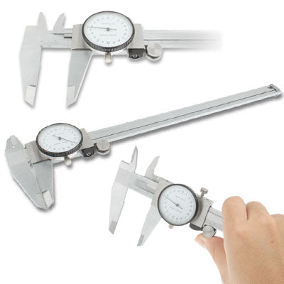 200mm Dial Style Vernier Caliper made of hardened stainless steel, featuring a clear dial display and locking thumb screw for secure measurements.