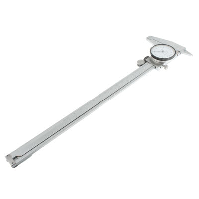 200mm Dial Style Vernier Caliper made of hardened stainless steel, featuring a clear dial display and locking thumb screw for secure measurements.