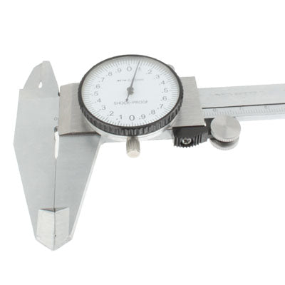 200mm Dial Style Vernier Caliper made of hardened stainless steel, featuring a clear dial display and locking thumb screw for secure measurements.