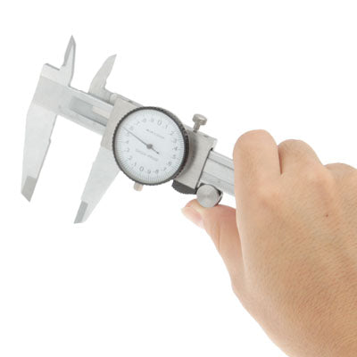 200mm Dial Style Vernier Caliper made of hardened stainless steel, featuring a clear dial display and locking thumb screw for secure measurements.