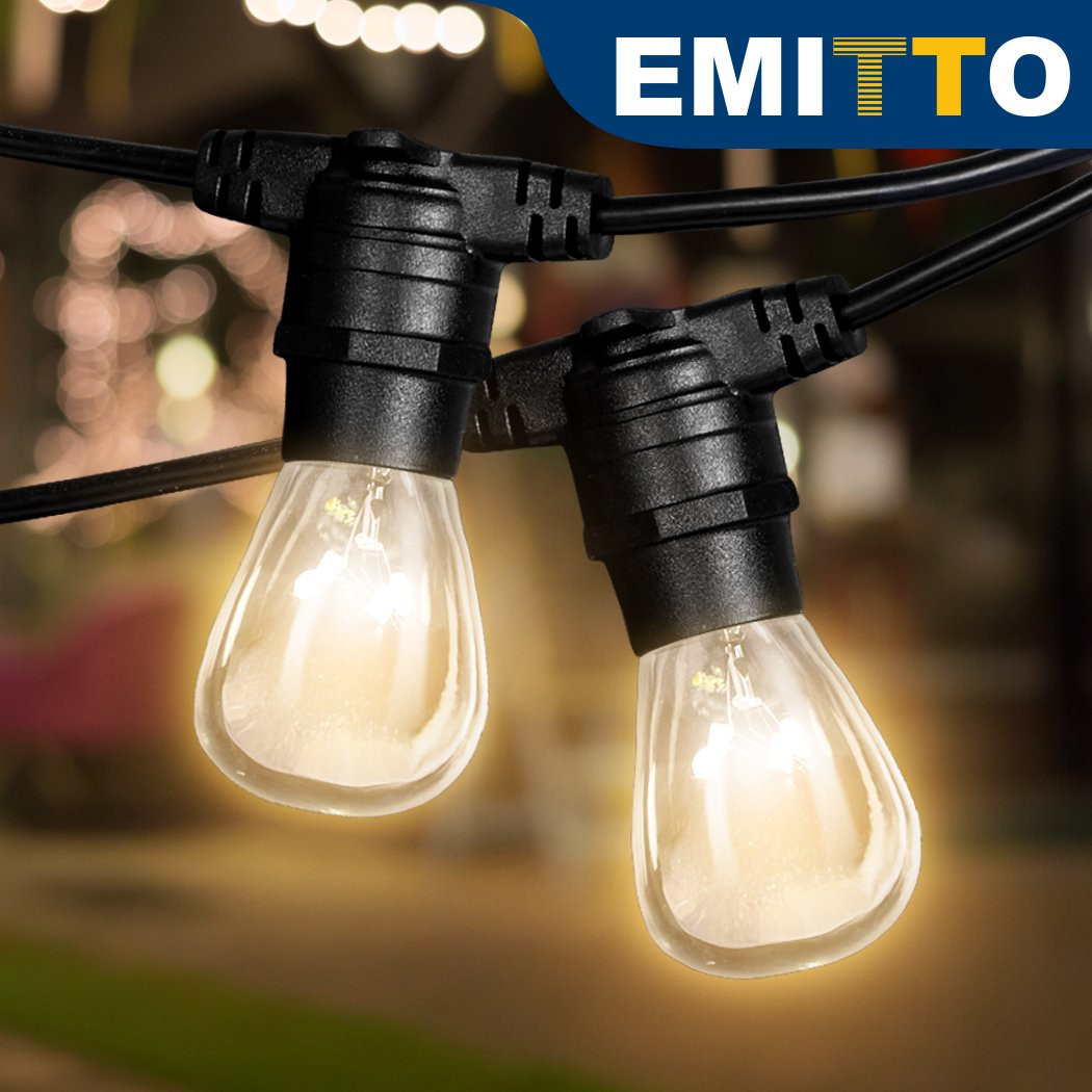 20M Emitto Festoon String Lights with warm white bulbs, perfect for outdoor and indoor decoration for weddings and parties.